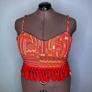 Colorful Woven Tank Top with Red Fringe Tassel Trim